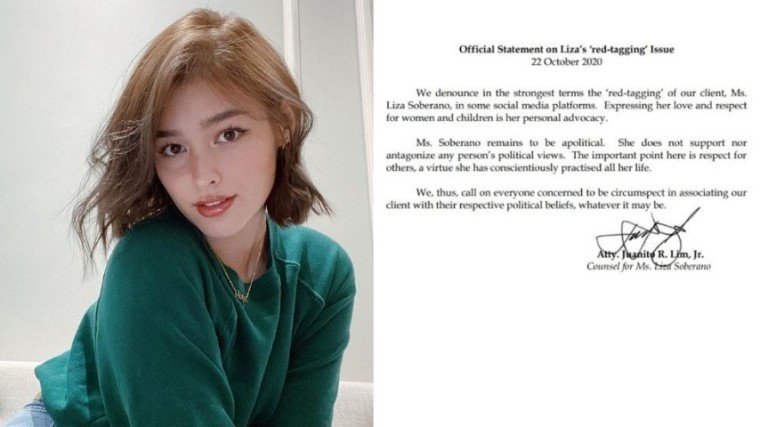 Liza Soberano, through her legal counsel, has released a statement regarding her being involved in "red-tagging" issues!