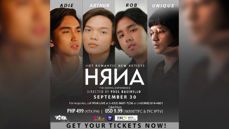 “HRNA,” a stylized spelling and play on the Tagalog word ‘harana’ which means serenade, also stands for “Hot Romantic New Artists,” which is a perfect description for the music styles of (L-R): Adie, Arthur Nery, Rob Deniel, and Unique Salonga.