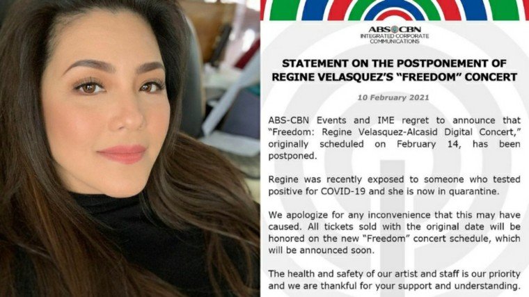 Regine Velasquez's "Freedom" concert, originally scheduled for February 14, has been postponed as the Asia's Songbird has been exposed to someone with COVID-19!