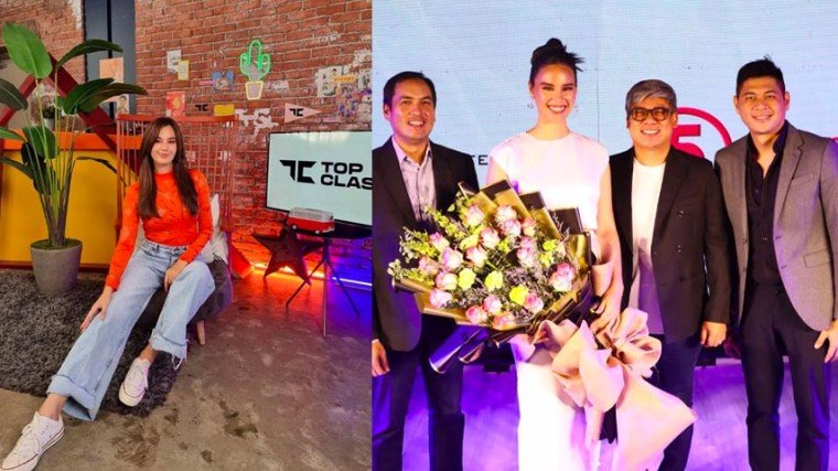 Right photo: Top Class host Catriona Gray (second from left) with Kumu commercial officer Luis Paolo Pineda (leftmost), Cornerstone Entertainment president Erickson Raymundo (third from left), and Cornerstone vice president Jeffrey Vadillo (rightmost) during the three-way partnership contract signing earlier this month.