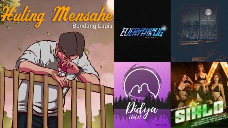 Viva Records January 9 to January 14 releases include (clockwise from left) "Huling Mensahe" by Bandang Lapis, "EVERYTHING” by Claudia x Because, "3AM" by Gab De Castro, "Didya (Dito)” by BADJII, and "Guillotine Drops,” the Siklo movie OST by Bita and the Botflies.